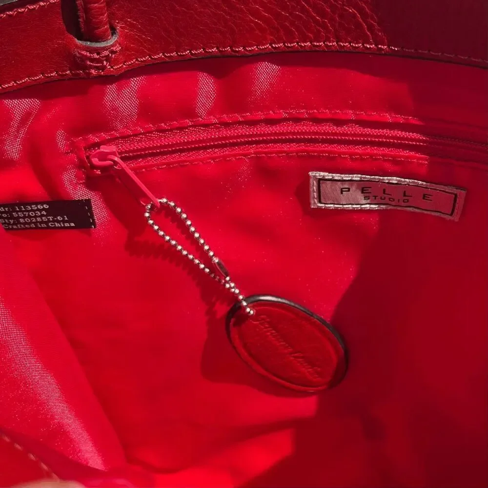 VTG Red Leather Tote Bag Structured Shoulder Purse Minimalist Office Chic